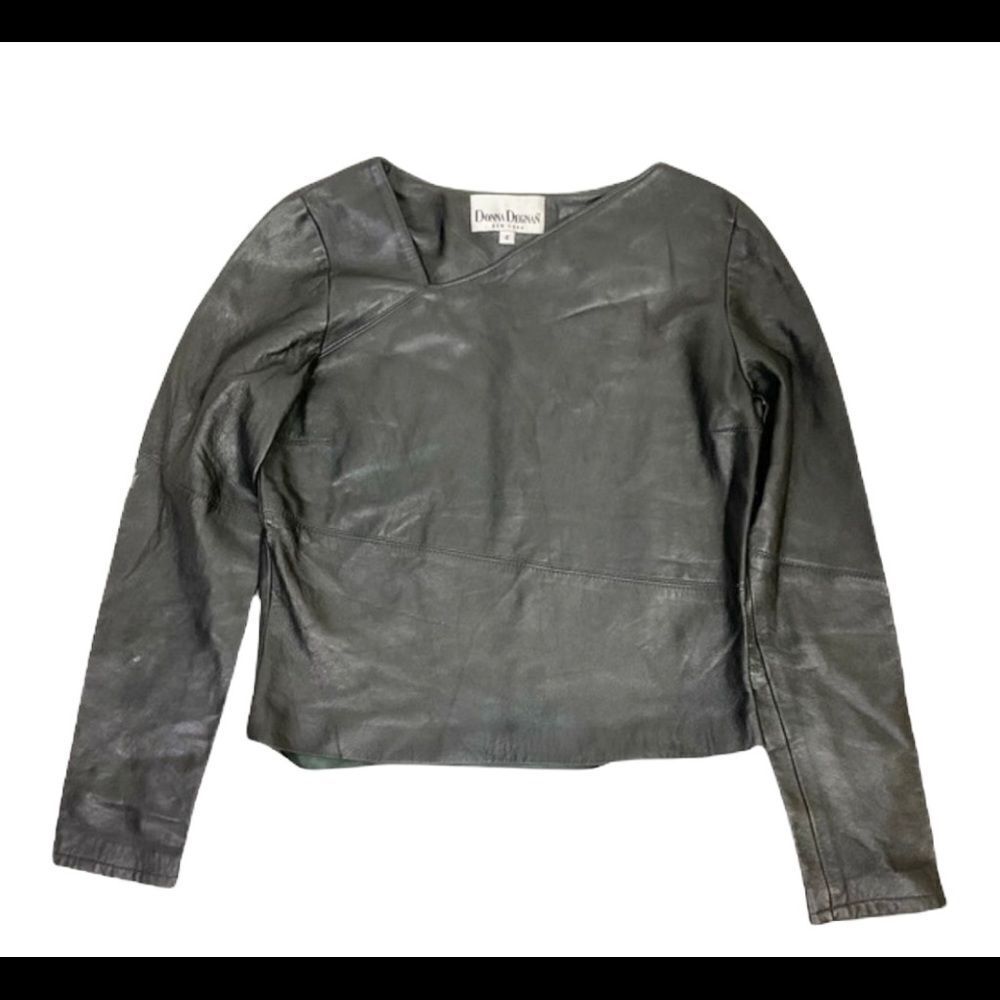 Donna Degnan Black Leather Asymmetrical Long Sleeve Top 4